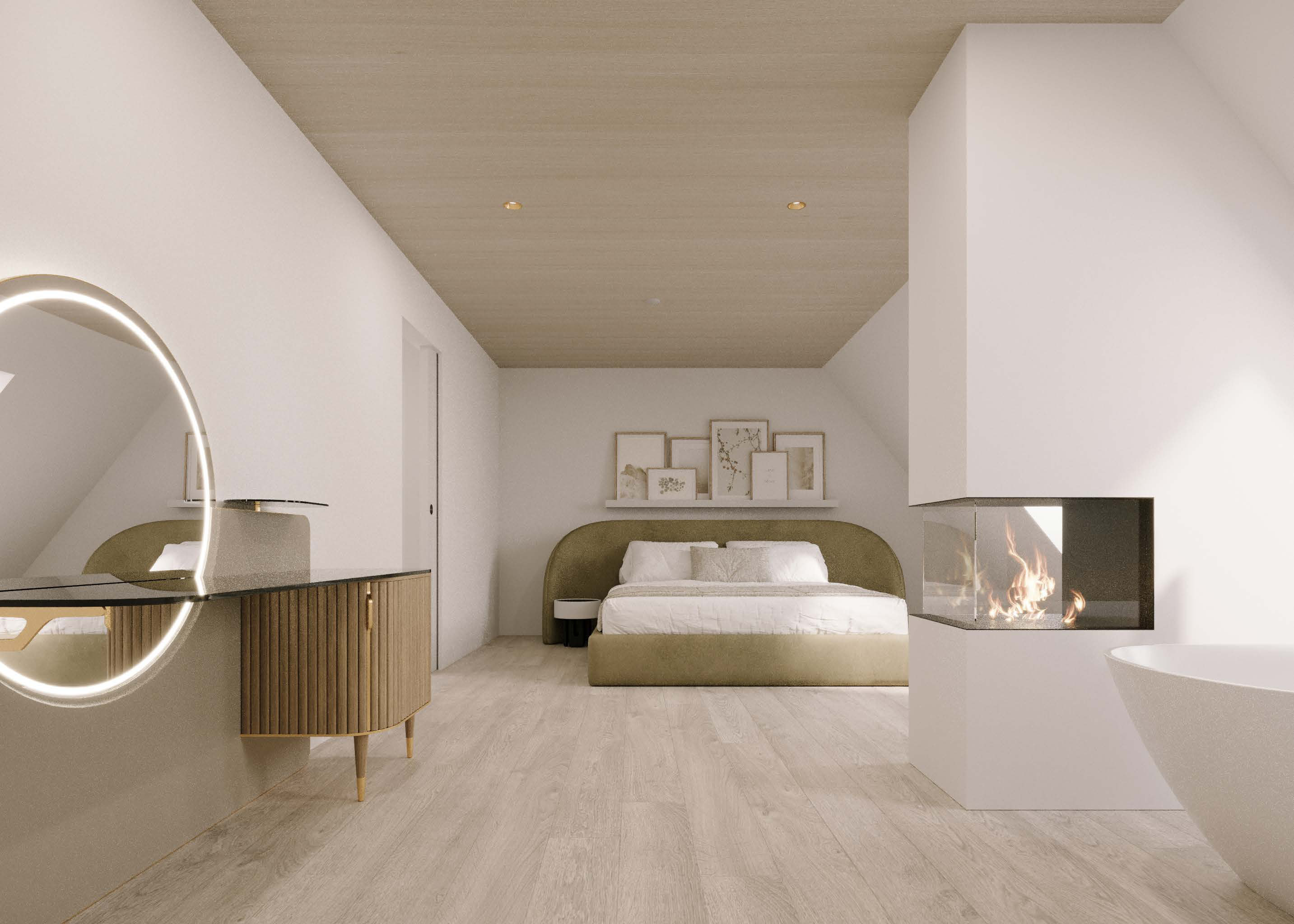Attika Loft · Schlafzimmer mit Schminktisch und Cheminée · Ansicht 6