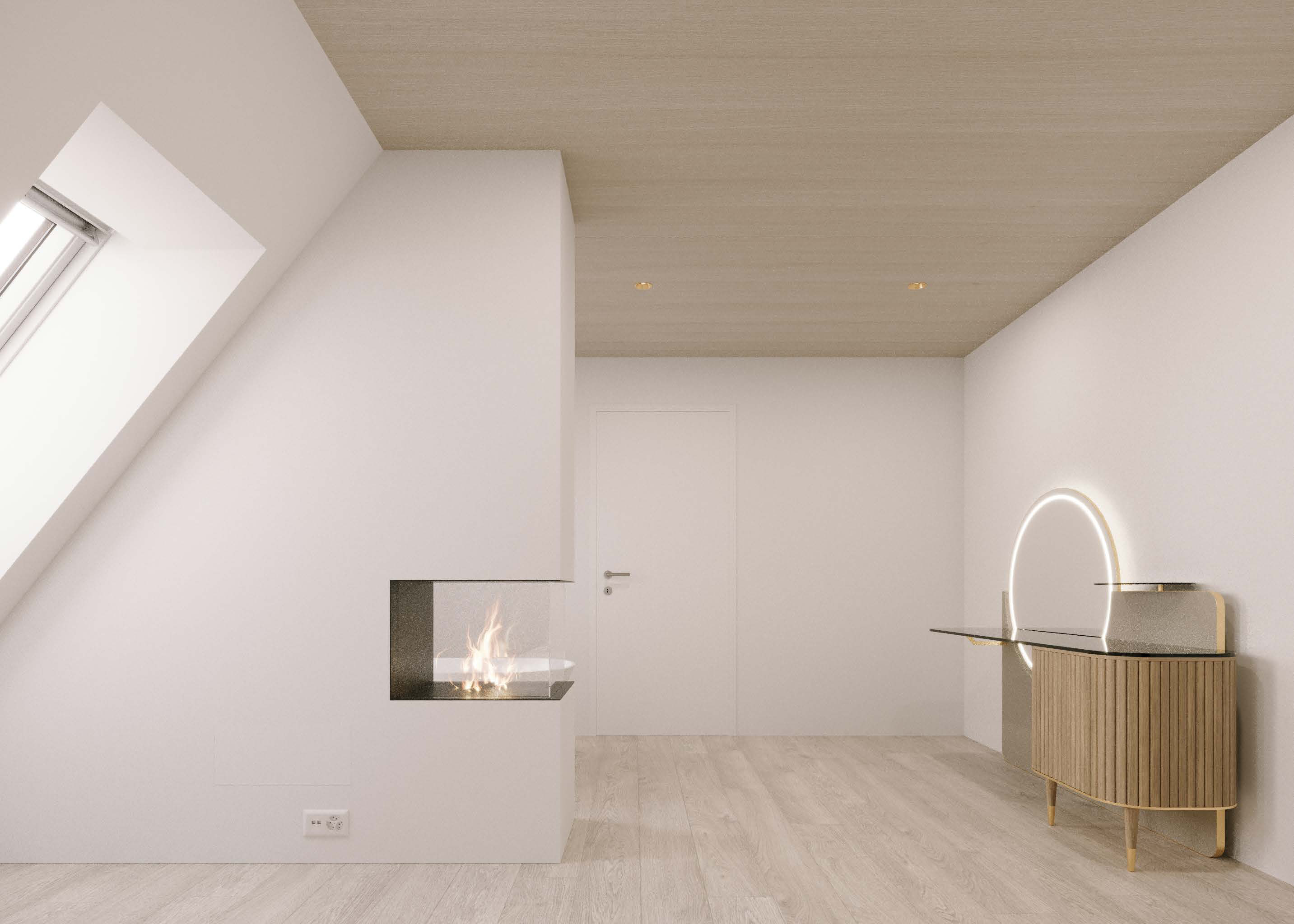 Attika Loft · Schlafzimmer mit Cheminée und Schminktisch · Ansicht 8