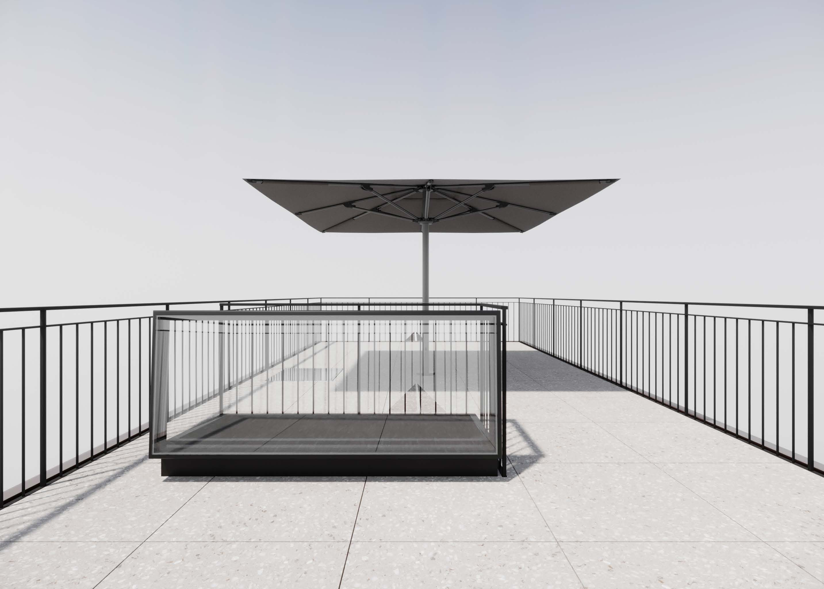 Attika Loft · Dachterrasse mit Sonnenschirm und freiem Blick